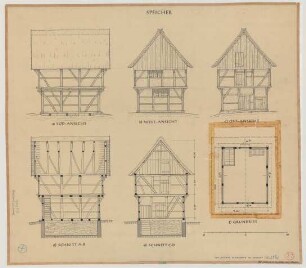 Emsdetten (Kreis Steinfurt): Hof Deitmar. Speicher (Grundriss, Ansichten, Schnitte)