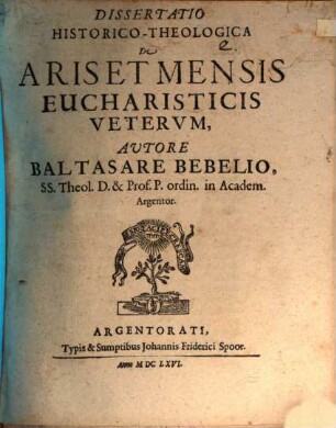 Diss. hist. theol. de aris et mensis eucharisticis veterum