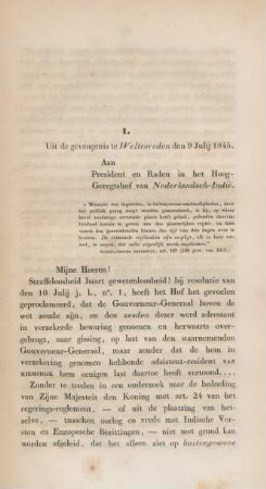 I. Uit de gevangenis te weltevreden den 9 Julij 1845. Aan president en raden in het hoog-geregtshof van Nederlansch-Indie