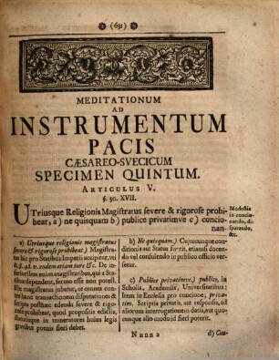 Meditationum Ad Instrumentum Pacis Cæsareo-Svecicvm Specimen ..., Specimen Qvintvm