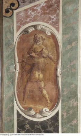 Scheinarchitektur mit Durchblicken auf Phantasielandschaften, Herkules hebt den Giganten Antaeus in die Luft und zermalmt ihn