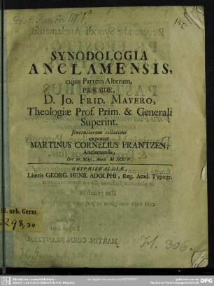 Synodologia Anclamensis, cujus Partem Alteram