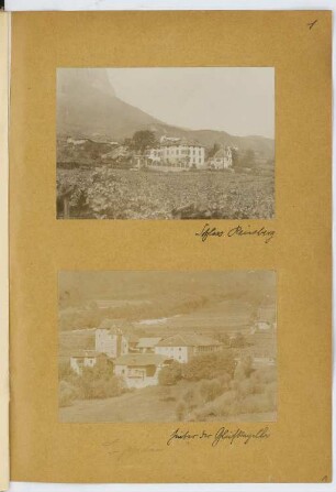 Ansitz Reinsberg mit Heiligkreuzkapelle, Eppan (St. Michael). Ansitz Moos (Schulthaus), Eppan (St. Michael): Ansichten (aus: Skizzen- und Fotoalbum 14)