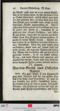 IV. Kapitel: Von dem Geraeth eines Oelfarben Mahlers