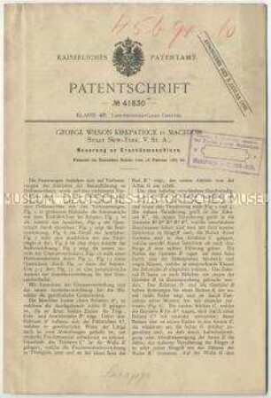 Patentschrift einer Neuerung an Grassämaschinen, Patent-Nr. 41830