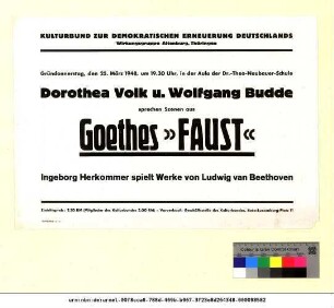 Originaltitel: Dorothea Volk u. Wolfgang Budde sprechen Szenen aus Goethes "Faust" Ingeborg Herkommer spielt Werke von Ludwig van Beethoven