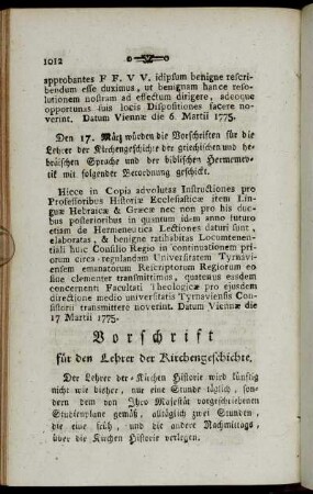 Vorschrift für den Lehrer der Kirchengeschichte.
