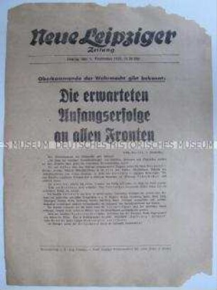 Extrablatt der "Neuen Leipziger Zeitung" zu den Kampfhandlungen in Polen