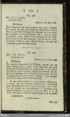 No. 238. Mrs. D. Freres, à Dunkerque. Memel le 15. Juillet 1786