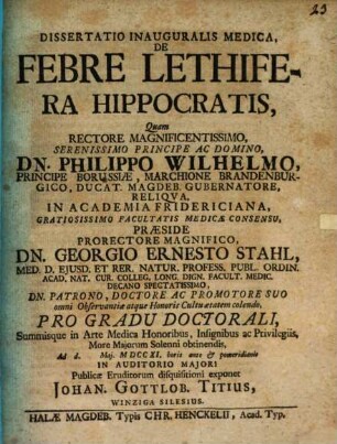 Diss. inaug. med. de febre lethifera Hippocratis