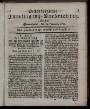 II. Stück. Sonnabends: den 14. Januar, 1786.