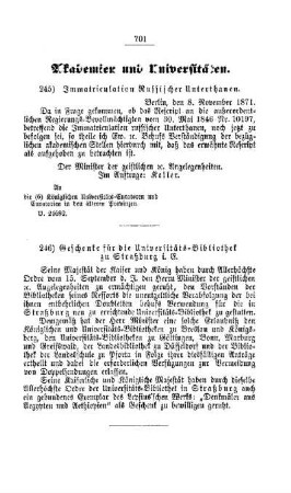 Geschenke für die Universitäts-Bibliothek zu Straßburg i. C. : [Akademien und Universitäten]