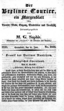 No. 1019, Sonnabend, den 26. Juni 1830
