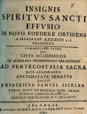Insignis spiritvs sancti effvsio in novo foedere obtinens a Iesaia cap. XXXXIIII. 2-5 praedicta : commentatio prima ...