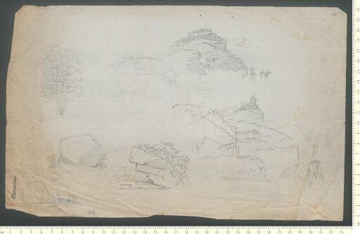 12 Bleistiftskizzen einer Landschaft, Gebüsch, Gestein und eines Leuchtturms sowie Wurzelrechnungen
