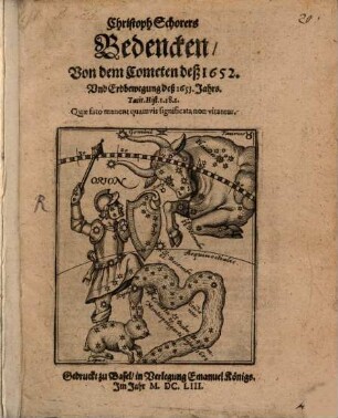 Christoph Schorers Bedencken, Von dem Cometen deß 1652. Und Erdbewegung deß 1653. Jahrs