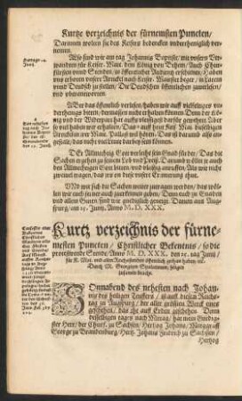 Kurtz verzeichnis der fürnemsten Puncten / Christlicher Bekentnis ...