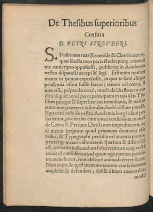 De Thesibus superioribus Censura D. Petri Streuberi.