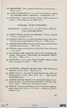 Vorder- und Ostasien – Keramik, Arbeiten in Metall, Holz und Speckstein (Nr. 435-501)