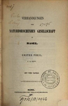 Verhandlungen der Naturforschenden Gesellschaft in Basel : VNG. 1. 1857