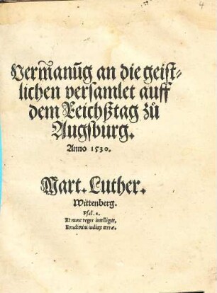 Vermanung an die geistlichen versamlet auff dem Reichßtag zu Augsburg, Anno 1530