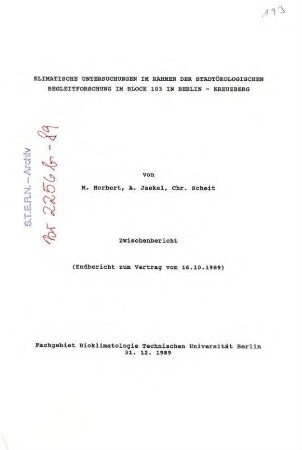 Forschungsbericht: Klima-Untersuchungen im Modellvorhaben Stadtökologie Block 103