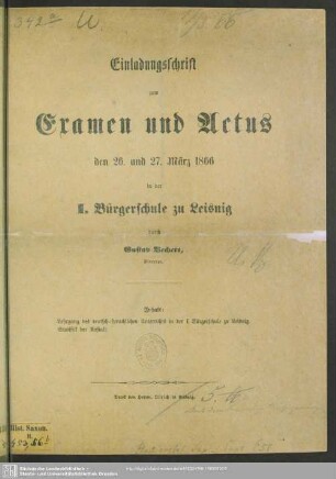 1865/66: Einladungsschrift zum Examen und Actus ... in der I. Bürgerschule zu Leisnig