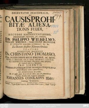 Dissertatio Inauguralis, De Causis Prohibitæ Alienationis Feudi