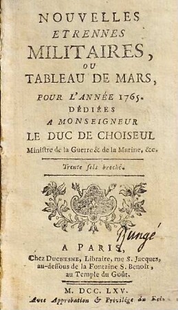 Nouvelles Étrennes Militaires Ou Tableau De Mars : pour l'année 1765