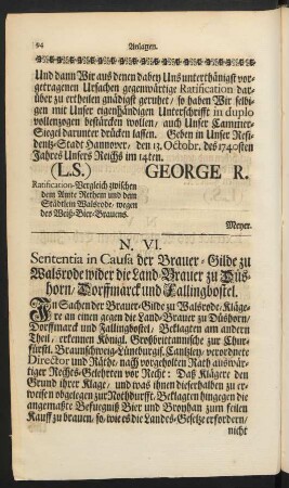 N. VI. Sententia in Causa der Brauer-Gilde zu Walsrode wider die Land-Brauer zu Düshorn, Dorffmarck und Fallingbostel