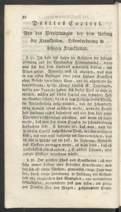 Drittes Capitel. Von den Verrichtungen bey dem Anfang der Kankheiten. Lebensordnung in hitzigen Krankheiten