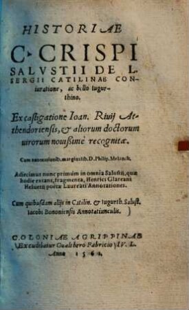 Historiae C. Crispi Salustii de L. Sergii Catilinae conjuratione ac bello Iugurthino