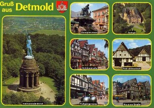 Postkarte. Gruß aus Detmold. Hermannsdenkmal, Donopbrunnen, Schloß, Schülerstraße, Freilichtmuseum, Fußgängerzone, Krumme Straße
