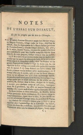 Notes de l'essai sur Desault, et sur les progrès que lui doit la Chirurgie.
