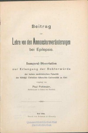 Beitrag zur Lehre von den Ammonshornveränderungen bei Epilepsie
