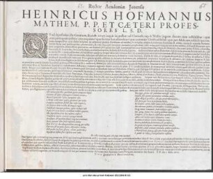 Rector Academiae Jenensis Heinricus Hofmannus Mathem. P. P. Et Caeteri Professores L. S. D. Quod Apostolus ille Gentium ... P.P. die 7. Febr. 1619