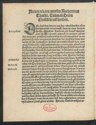 An den erbarn weysen Anthonium Thurler. Thoman Störs Christlich zuschreiben.