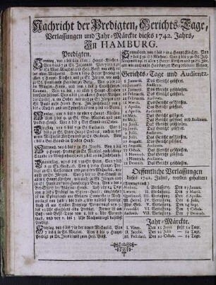 Nachricht der Predigten, Gerichts-Tage, Verlassungen und Jahr-Märckte dieses 1742. Jahrs, In Hamburg.