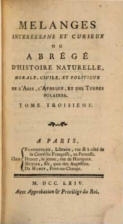 Mélanges interessans et curieux : ou Abrégé d'histoire naturelle ..., T. 3 (1764)