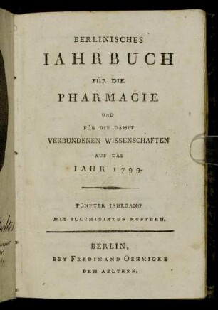 5: Berlinisches Jahrbuch für die Pharmacie und für die damit verbundenen Wissenschaften