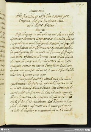 [Text 14:] Sommario della Nascita, qualità Vita, e morte per Giustitia del già Francesco Canonici detto Mascanbruni