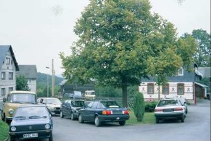 Dorfplatz mit Linde und Autos