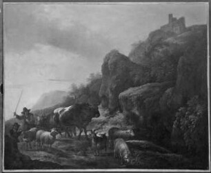 Hirten mit Kühen, Schafen und Ziege auf einer Anhöhe in Mittelgebirgslandschaft