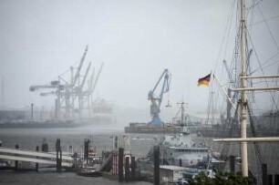 HHLA Container-Terminal Tollerort, davor Teile der Überseebrücke mit angelegter MArine-Fregatte auf der Elbe. Hamburger Hafen bei Regen, 06.2018