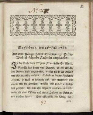 Magdeburg, vom 22sten Julii 1760 : Aus dem Königl. Haupt-Quartiere zu Grüne-Wiese ist folgende Nachricht eingelaufen ...