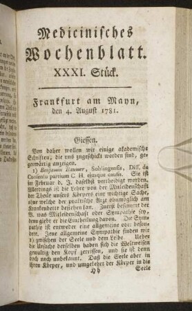 XXXI. Stück. Frankfurt am Mayn, den 4. August 1781. - XXXIV. Stück. Frankfurt am Mayn, den 25. August 1781.