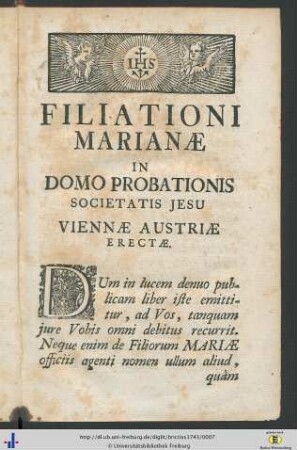 Filiationi Marianae In Domo Probationis Societatis Jesu Viennae Austriae Erectae.