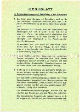 Merkblatt für Geschenksendungen von Kleidungsstücken aus der Bundesrepublik in die DDR ("Sowjetzone")