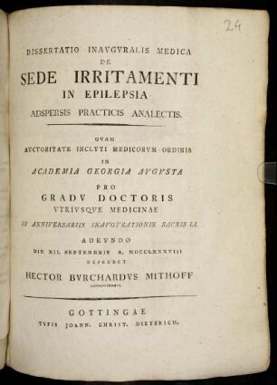 Dissertatio Inauguralis Medica De Sede Irritamenti In Epilepsia Adspersis Practicis Analectis