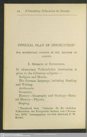 Official Plan Of Instruction, For Elementary Schools In The Kingdom Of Saxony